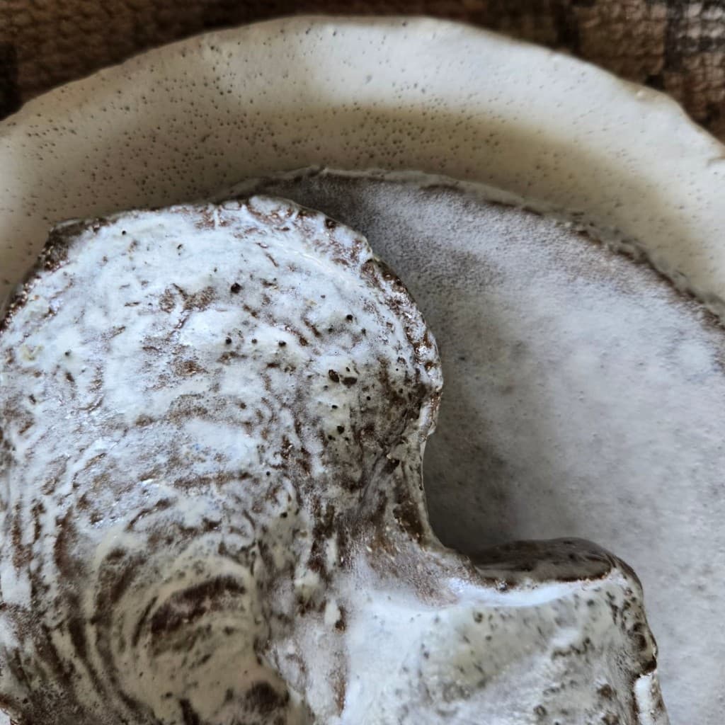 Handmade ceramic bowl with speckled glaze and layered white and dark textured surface