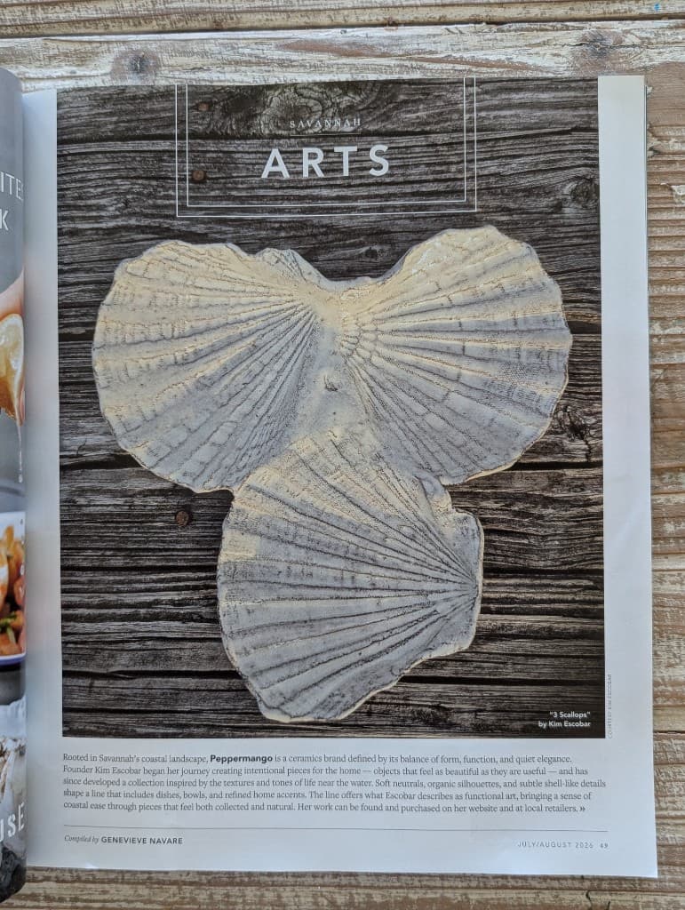 Savannah Magazine Arts feature on PEPPERMANGO showing hand-sculpted 3 Scallops ceramic piece